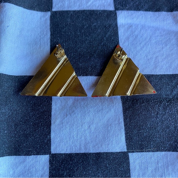 Vintage 80s red and gold triangle earrings, striped metal enamel - Picture 3 of 3
